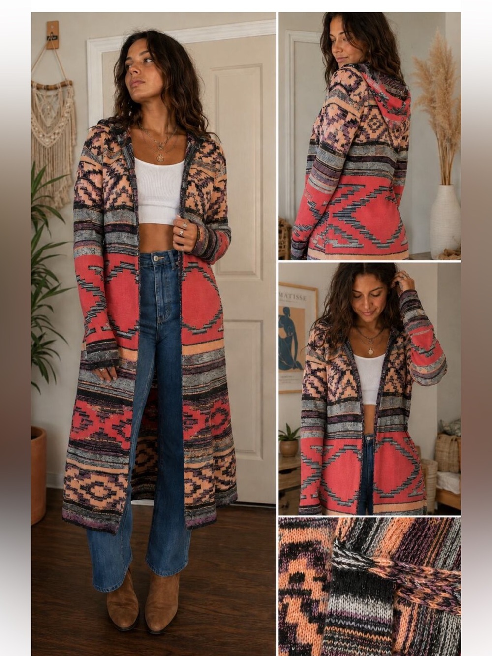Angie Womens Southwestern Cowgirl Aztec Hooded Cardigan Duster Orange SZ M